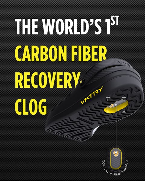 This ad showcases VKTRY's 1st carbon fiber recovery clog. The ad displays the shoe on a black background, focusing o