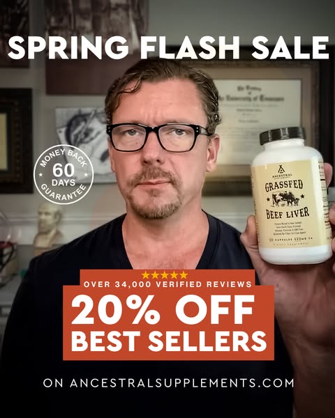 This image ad features a man holding a bottle of Ancestral Supplements Grassfed Beef Liver capsules, advertising a sprin