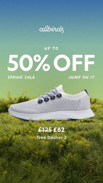 This is a vertical image ad showcasing Allbirds Tree Dasher 2 shoes, offered at a discounted price during a spring sale.