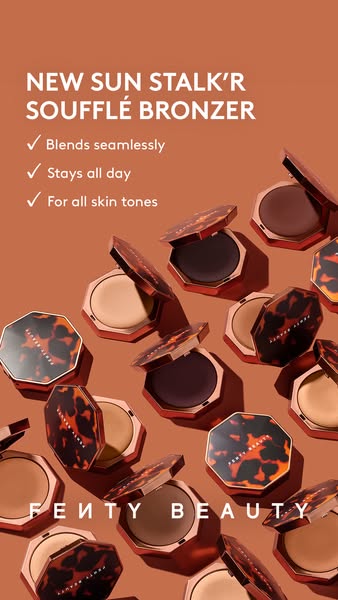 This ad features Fenty Beauty's Sun Stalk'r Soufflé Bronzer. The ad highlights the product's key attributes: