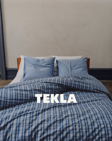 This image ad showcases TEKLA bedding, emphasizing a cozy and inviting aesthetic through a close-up shot of a bed with b