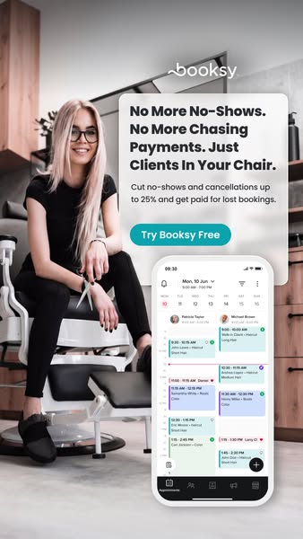 Image ad for Booksy, a scheduling app. It is designed to appeal to business owners by addressing their pain points, spec