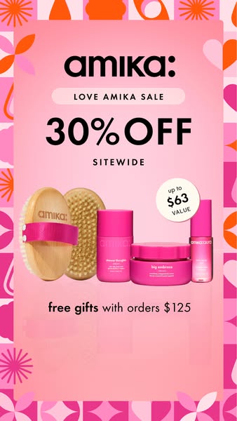 This Amika image ad promotes a 30% off sitewide sale and free gifts on orders over $125. The ad is visually designed wit