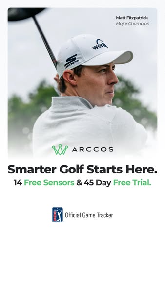 This image ad for Arccos Golf features Matt Fitzpatrick, a major champion, and promotes the Arccos Golf game tracker wit