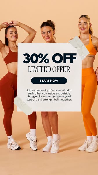 This image ad features three women in workout clothes, who are standing behind a white square that lists the offer of 30