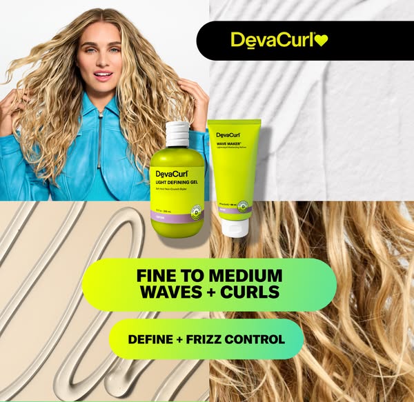 This ad from DevaCurl highlights its Light Defining Gel and Wave Maker product for fine to medium wavy and curly hair. T