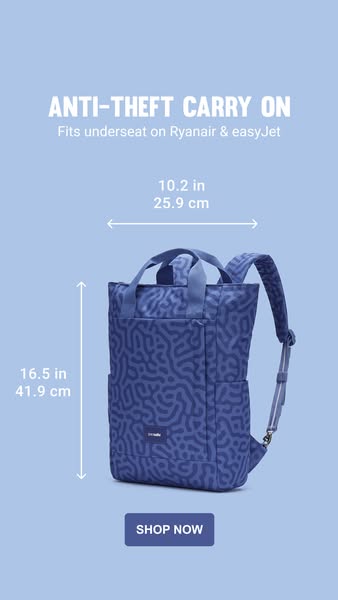 This ad displays the dimensions of an anti-theft carry-on backpack. The dimensions make it suitable to bring as a person
