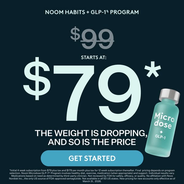 This ad for the Noom weight loss program features a sale price alongside a blurred image of the Noom medication.