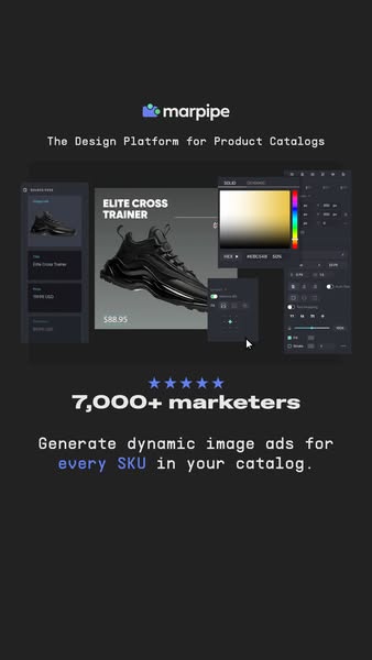 This ad promotes Marpipe, a design platform for product catalogs. It shows the software being used to create a dynamic i