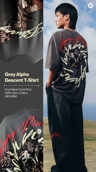 This ad showcases a grey t-shirt with a graphic design on the front and back, emphasizing its material and design featur