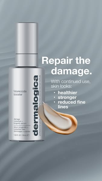 This ad for Dermalogica Future Code Booster features a bottle of product and a visual demonstration of the serum applied
