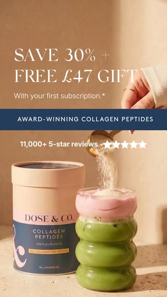 This image ad promotes Dose & Co. collagen peptides, highlighting a subscription offer that includes 30% off and a f