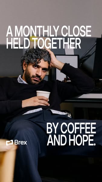 This image ad features a man sitting at his desk, looking stressed and holding a cup of coffee. The text above and below