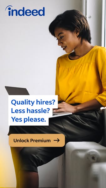 This image ad for Indeed promotes its premium service, highlighting the benefits of quality hires and less hassle for bu