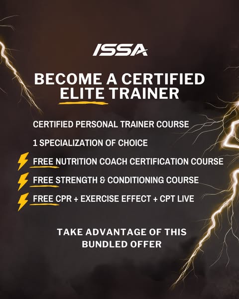 This ad promotes ISSA's certified elite trainer program, emphasizing bundled offers and additional free courses.