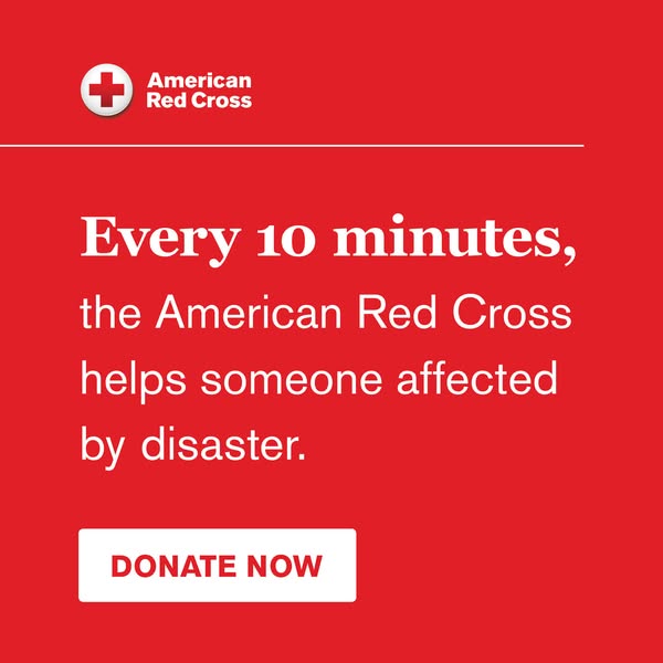 This image ad for the American Red Cross promotes their disaster relief efforts and prompts viewers to donate.