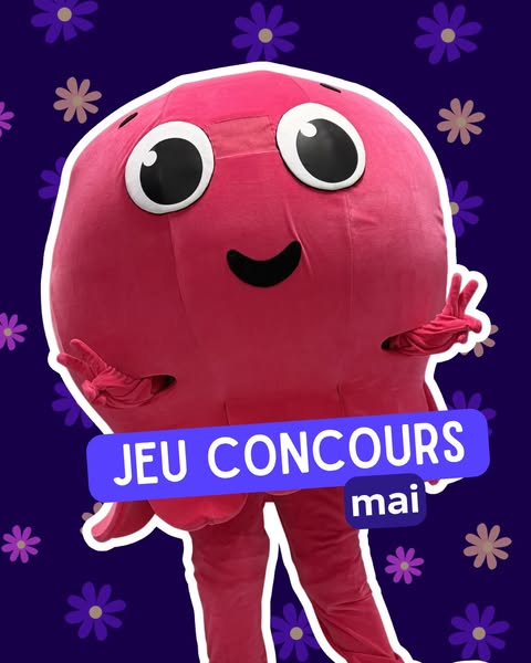 The ad promotes a contest called "Jeu Concours mai", featuring a mascot costume against a floral background.