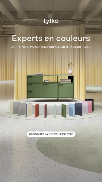The ad features a console with storage in a green color, with different colored doors lined up in front of it. The ad co