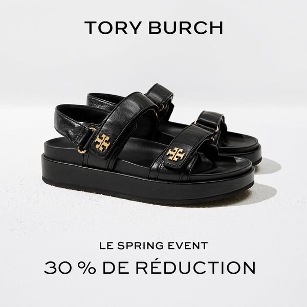 This ad for Tory Burch promotes a spring event offering a 30% discount. The ad features a pair of black sandals with the