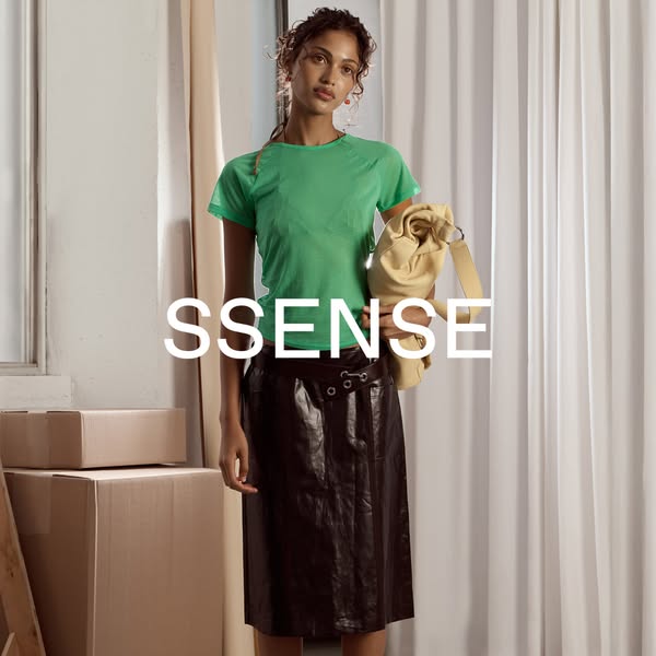 The ad showcases SSENSE clothing through a full body shot of a model, with the brand name prominently displayed over the