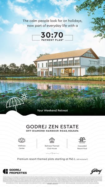 The image ad promotes Godrej Zen Estate, offering premium resort-themed plots in Kolkata. It emphasizes a relaxed lifest