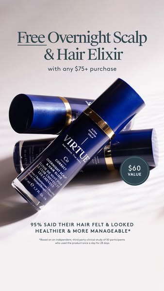 This image ad promotes Virtue Co's Overnight Scalp & Hair Elixir with an offer of a free elixir with a purchase 