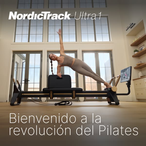 The image shows a Pilates machine and a model demonstrating a challenging pose, with the tagline "Bienvenido a la r