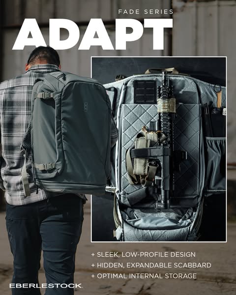 This image ad showcases the Eberlestock Adapt pack. The ad highlights the bag's sleek design, hidden expandable scab