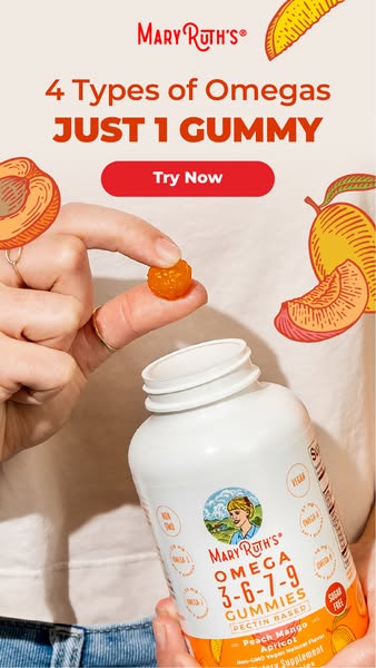 A bright ad for Mary Ruth's Omega 3-6-7-9 gummies, emphasizing that one gummy contains four types of omegas. It show