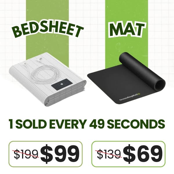 This image ad features a split design showcasing the GroundingWell bedsheet and mat, each accompanied by its original an
