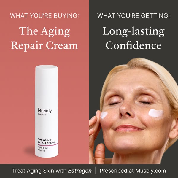 This image ad is split into two sides, with the left showcasing the Musely The Aging Repair Cream that the customer is b