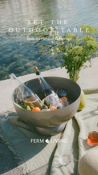The ad showcases Ferm Living's outdoor entertaining products, including bowls suitable for holding drinks, ice and f