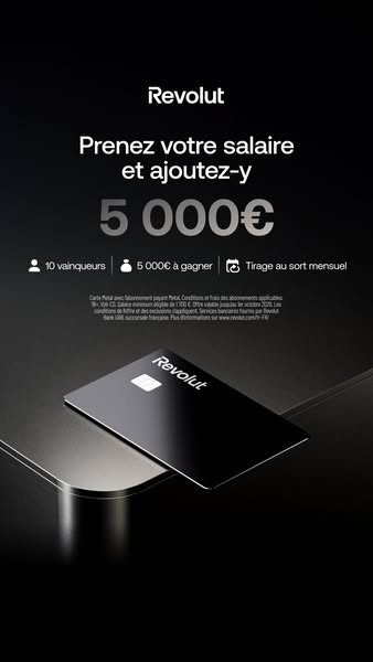 Revolut ad promoting a giveaway of 5,000 euros to 10 winners, drawn monthly.