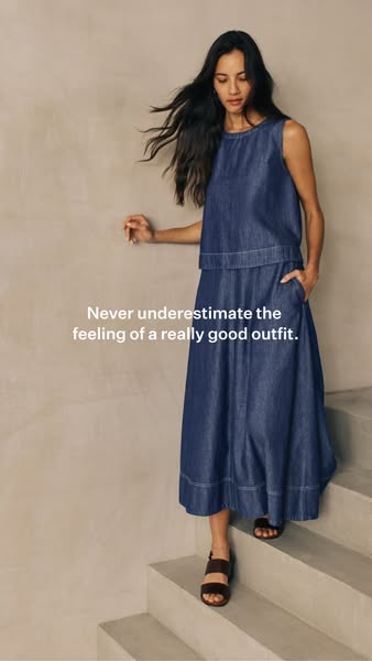 This image ad showcases a model wearing a matching denim skirt and top, complemented by brown sandals. The ad emphasizes