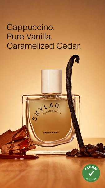A close up image of the Skylar Vanilla Sky perfume featuring its key fragrance notes. The product is also marked as a cl
