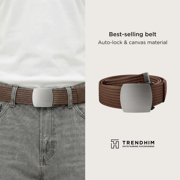 This ad showcases a brown canvas belt with an auto-lock buckle from Trendhim. It highlights the belt's material and 