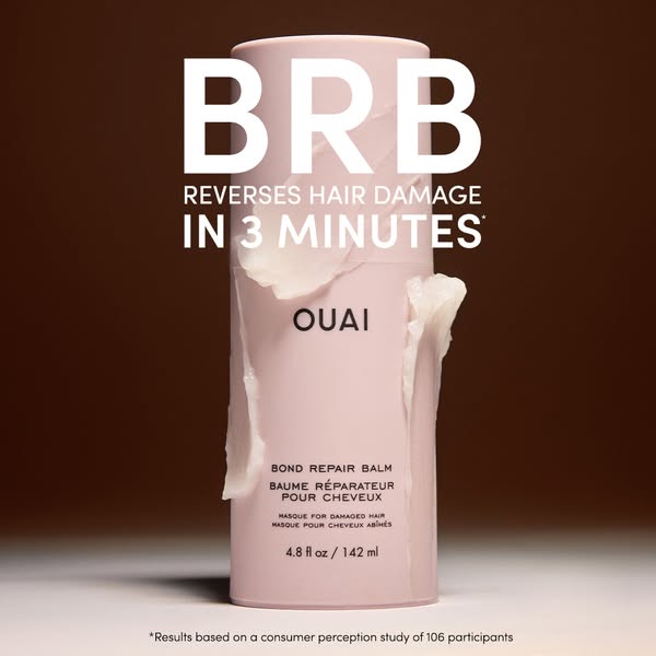 This ad features a product shot of OUAI's Bond Repair Balm. The text overlay emphasizes that it reverses hair damage