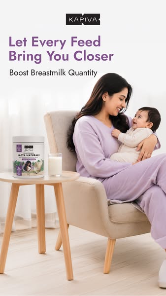 This ad features a woman holding a baby, with a container of Lacta Naturals supplement displayed on a nearby table. The 
