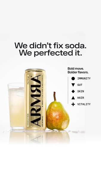 This ad showcases ARMAA Colostrum Soda, highlighting its pear ginger flavor and health benefits for immunity, gut health