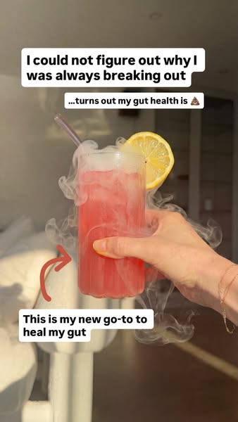Image ad features a woman holding a drink with text overlaid claiming the drink helps heal her gut. The woman previously