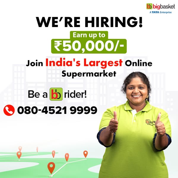 This image ad is a job posting from BigBasket, an online supermarket, looking for new riders. The ad features a smiling 