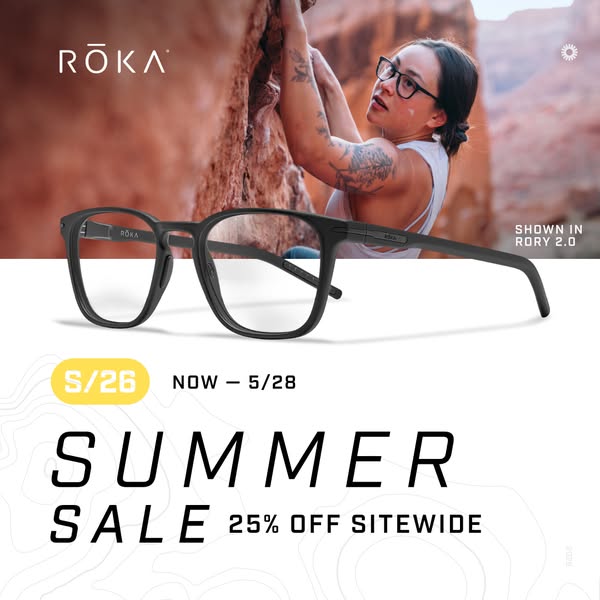This ad by ROKA promotes their eyewear during a summer sale. It features an image of a woman rock climbing in the backgr