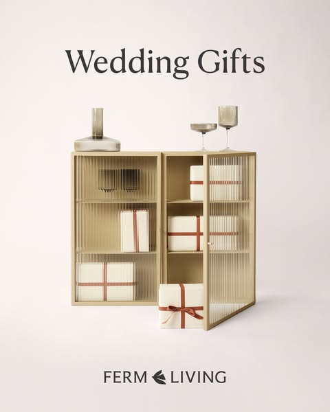 This image ad for Ferm Living features a display cabinet filled with wrapped gifts to promote wedding gifts from the bra