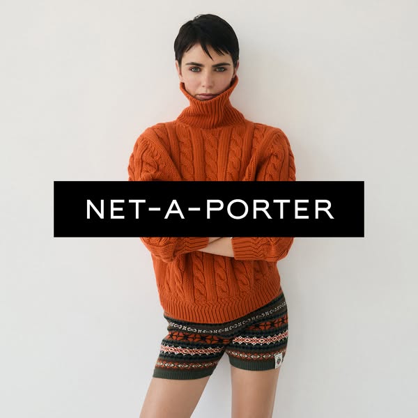 This ad features a woman wearing a sweater and shorts from NET-A-PORTER. The ad is simple and focuses on the clothing.