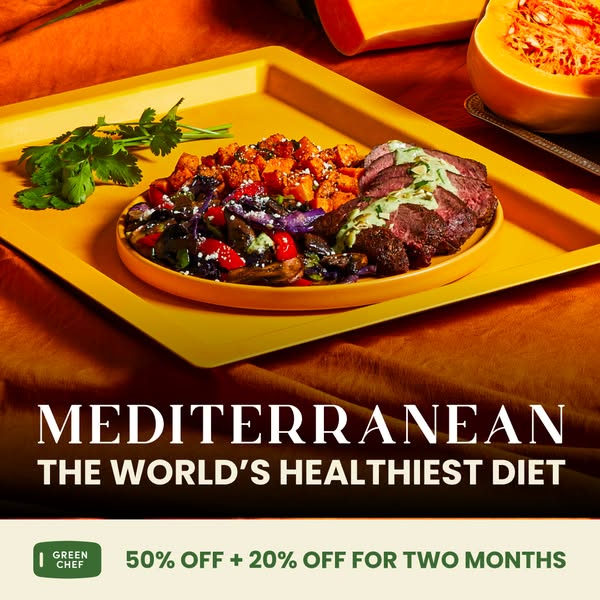 This image ad for Green Chef promotes their Mediterranean meal plan with a discount offer.