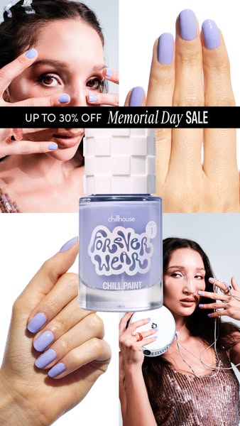 This image ad promotes Chillhouse nail polish with a Memorial Day sale. The ad features images of a light purple shade o