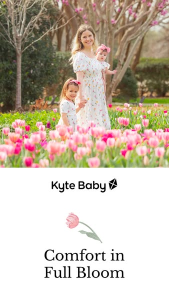 This image ad for Kyte Baby shows a woman and two young children standing outside in a tulip garden.