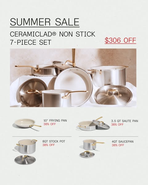This image ad promotes a Ceramiclad non-stick 7-piece cookware set, highlighting a summer sale with significant discount
