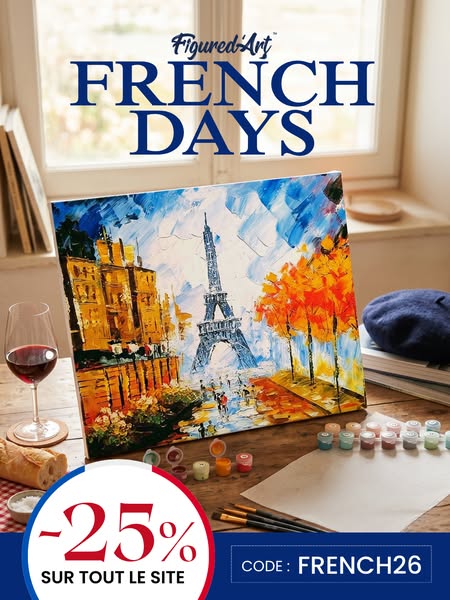 This ad for Figured Art features a painting of the Eiffel Tower and advertises a 25% off site-wide sale using the code F