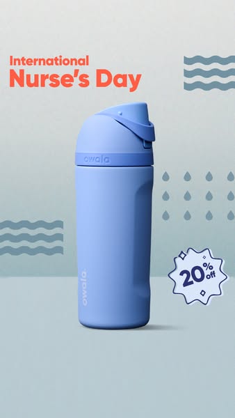 This ad features a light-blue Owala water bottle and promotes International Nurse's Day with a 20% off discount.